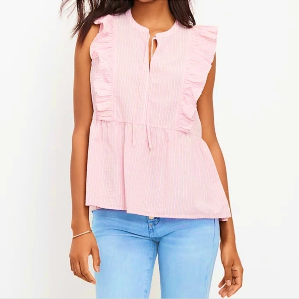 LOFT Striped Ruffle Tie-Neck Peplum Top in Pink Burst